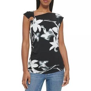 Calvin Klein Sleeveless Printed Asymmetrical Neck Ring HardwareTop NWT